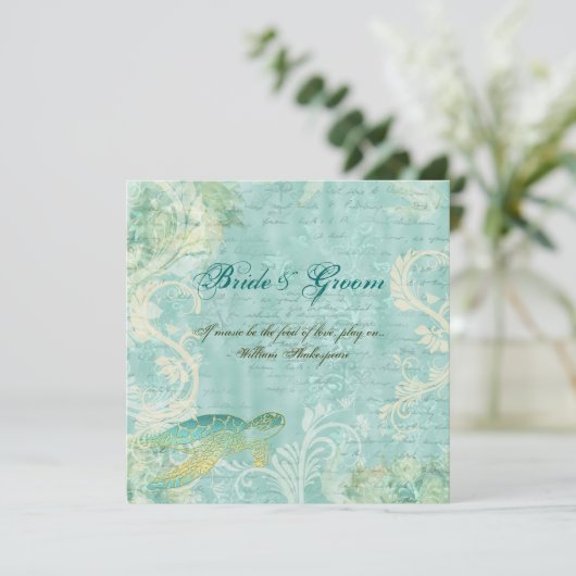 ビーチ結婚式のカメの渦巻の婚約 招待状 (スタンド正面)