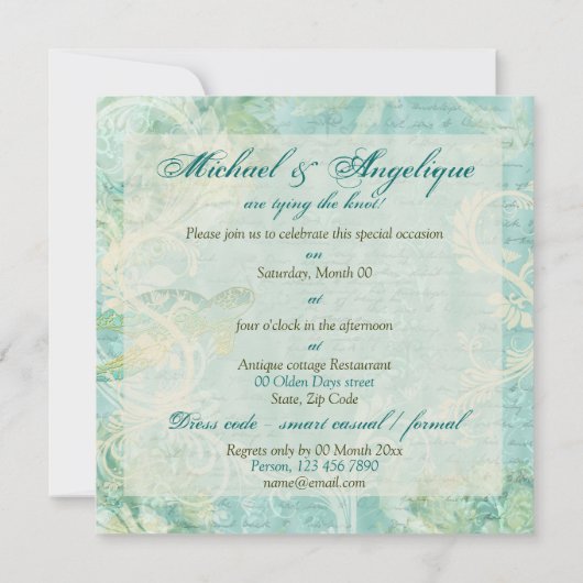 ビーチ結婚式のカメの渦巻の婚約 招待状 (裏面)