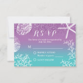 ビーチ結婚式のラベンダーのティール（緑がかった色）グラデーションなRSVPの応答 出欠カード (正面)