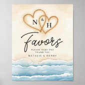 ビーチ結婚式の好意サインと砂ハート ポスター (正面)