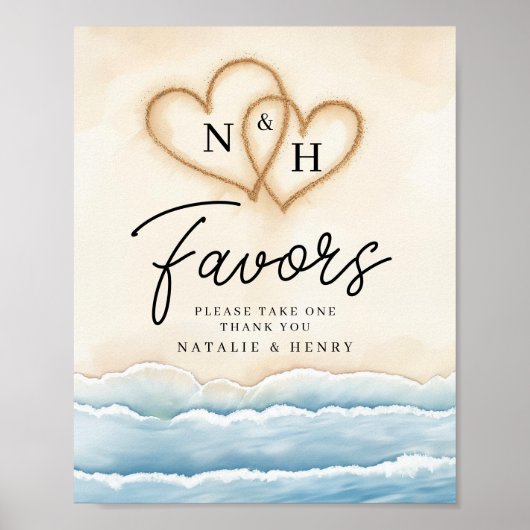 ビーチ結婚式の好意サインと砂ハート ポスター (正面)