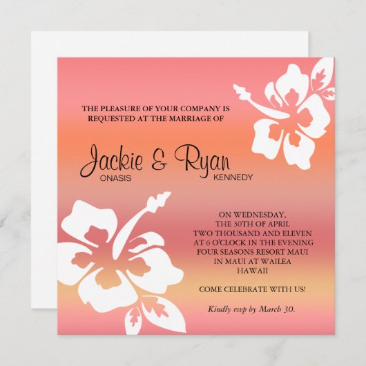 ビーチ結婚式の招待状のハイビスカスの珊瑚のオレンジ 招待状 (正面/裏面)