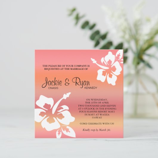 ビーチ結婚式の招待状のハイビスカスの珊瑚のオレンジ 招待状 (スタンド正面)