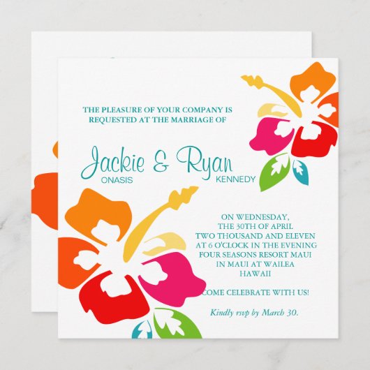 ビーチ結婚式の招待状のハイビスカスの花のカラフル 招待状 (正面/裏面)