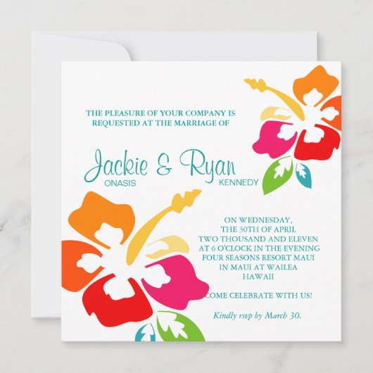 ビーチ結婚式の招待状のハイビスカスの花のカラフル 招待状 (正面)