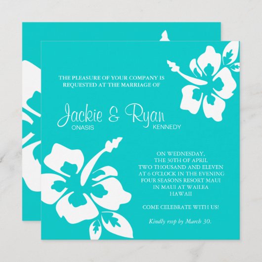 ビーチ結婚式の招待状のハイビスカスの花の青 招待状 (正面/裏面)