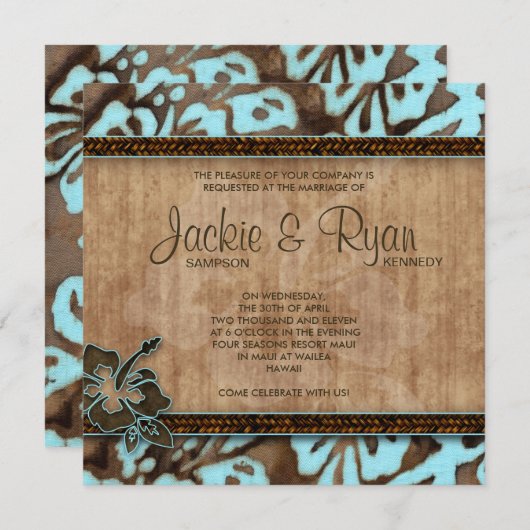ビーチ結婚式の招待状のハイビスカス茶色がかった鋼色 招待状 (正面/裏面)