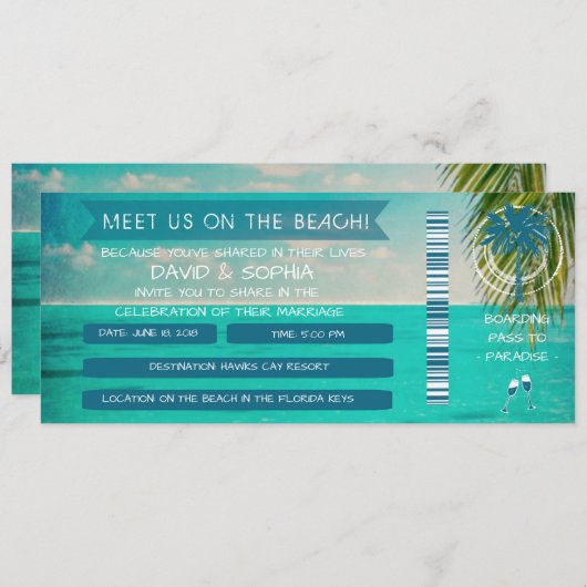 ビーチ結婚式の搭乗券のフロリダの鍵 招待状 (正面/裏面)