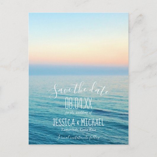 ビーチ結婚式の日没の日付の保存 案内ポストカード (正面)