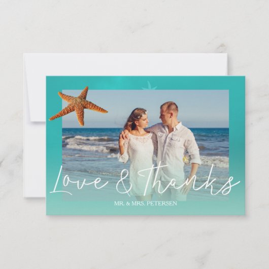 ビーチ結婚式アクアブルーのヒトデ感謝していィーの写真 サンキューカード (正面)