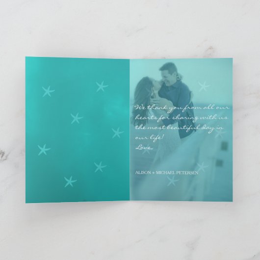 ビーチ結婚式アクアブルーのヒトデ感謝していィーの写真 サンキューカード (内部)