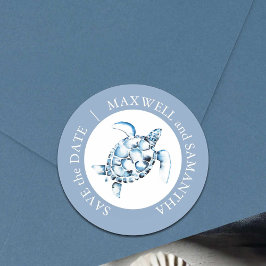 ビーチ結婚式ウォーターカラーシータートルブルー ラウンドシール