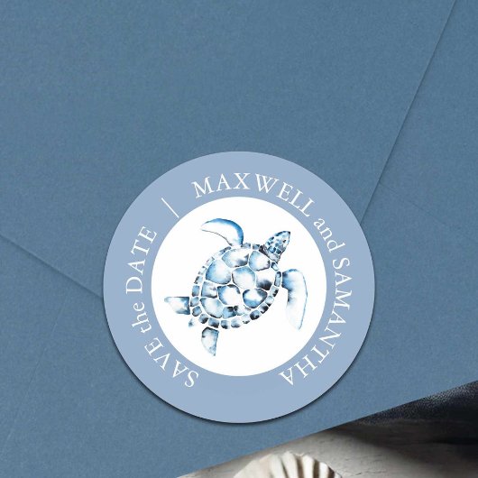 ビーチ結婚式ウォーターカラーシータートルブルー ラウンドシール
