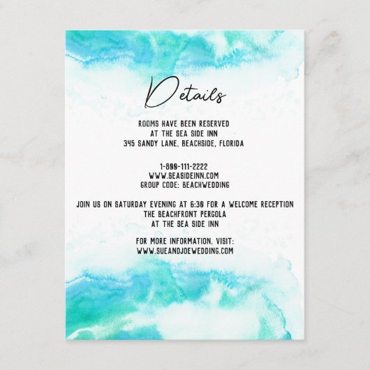 ビーチ結婚式ウォーターカラーブルーウェーブズゲスト詳細 エンクロージャーカード (正面)