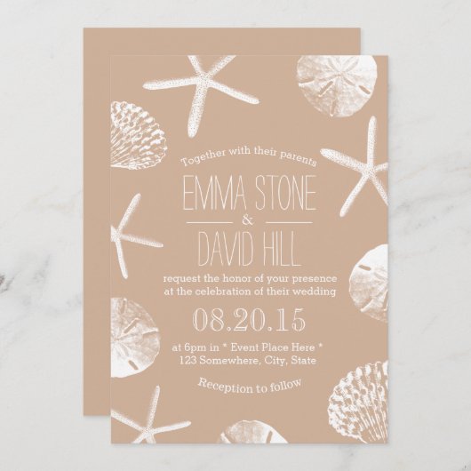 ビーチ結婚式エレガントニュートラルヒトデ砂ドル 招待状 (正面/裏面)