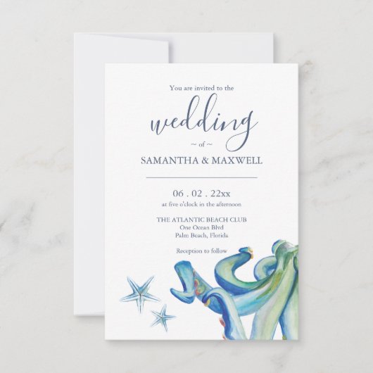 ビーチ結婚式カスタム招待状カードブルータコ 招待状 (正面)