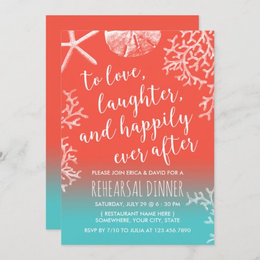ビーチ結婚式コーラルリーフスターフィッシュリハーサルディナー 招待状 (正面/裏面)