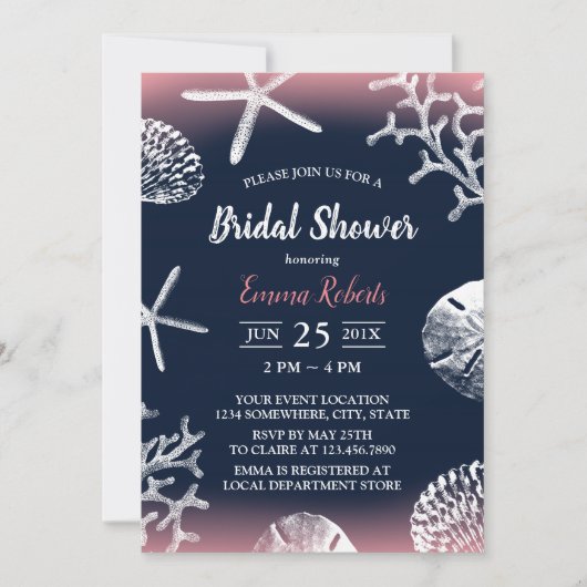 ビーチ結婚式コーラルリーフネイビー&ピンクブライダルシャワー 招待状 (正面)