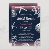 ビーチ結婚式コーラルリーフネイビー&ピンクブライダルシャワー 招待状 (正面/裏面)