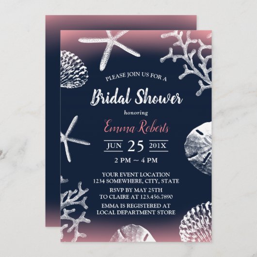 ビーチ結婚式コーラルリーフネイビー&ピンクブライダルシャワー 招待状 (正面/裏面)