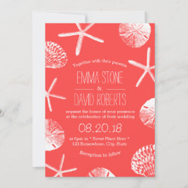 ビーチ結婚式コーラルレッドスターフィッシュ&シーシェル 招待状