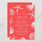 ビーチ結婚式コーラルレッドスターフィッシュ&シーシェル 招待状 (正面/裏面)