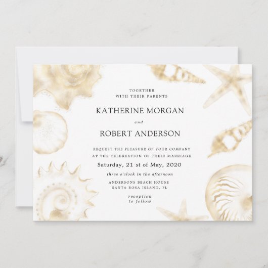 ビーチ結婚式ゴールデンブルー結婚式招待状 招待状 (正面)