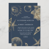 ビーチ結婚式ゴールデンブルー結婚式招待状 招待状 (正面/裏面)