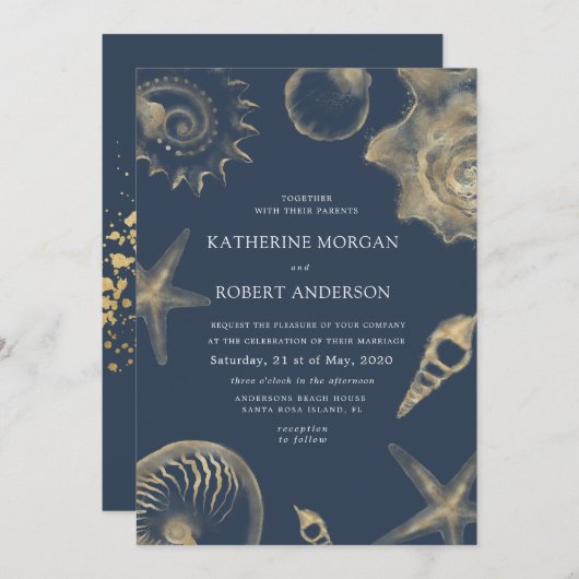 ビーチ結婚式ゴールデンブルー結婚式招待状 招待状 (正面/裏面)