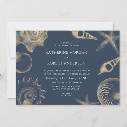 ビーチ結婚式ゴールデンブルー結婚式招待状 招待状 (正面)