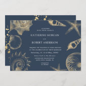 ビーチ結婚式ゴールデンブルー結婚式招待状 招待状 (正面/裏面)