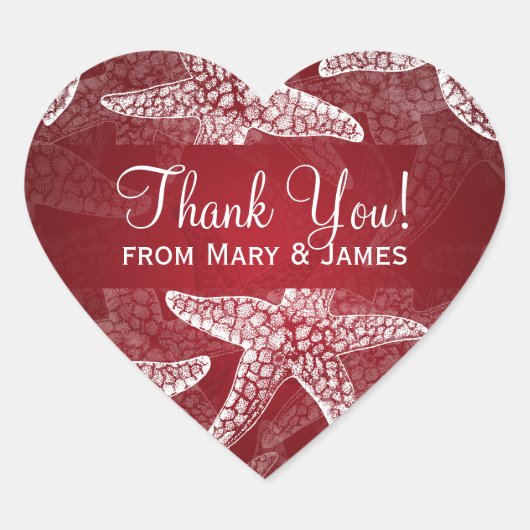 ビーチ結婚式サンキュースターフィッシュレッド ハートシール (正面)