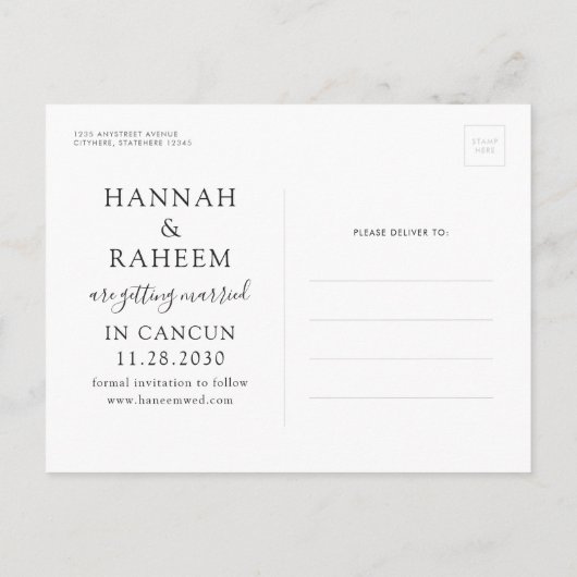 ビーチ結婚式サンセットハート飛行機日付の保存 案内ポストカード (裏面)