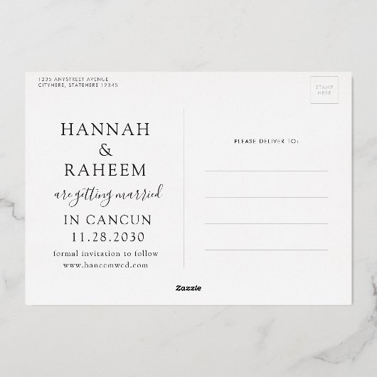 ビーチ結婚式サンセットハート飛行機日付の保存 箔招待状 (裏面)