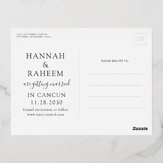 ビーチ結婚式サンセットハート飛行機日付保存  箔招待状ポストカード (裏面)