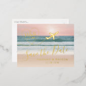ビーチ結婚式サンセットハート飛行機日付保存  箔招待状ポストカード (正面/裏面)