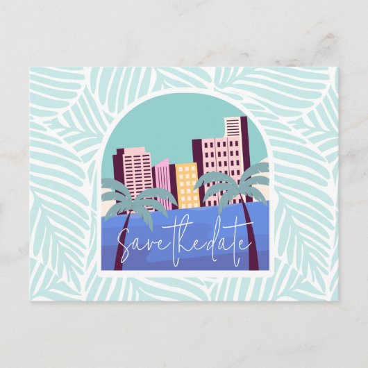 ビーチ結婚式シンプル予算日付の保存 案内ポストカード (正面)