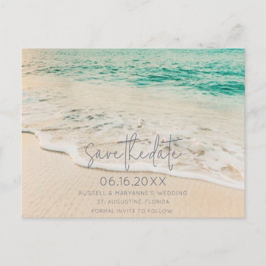 ビーチ結婚式シンプル予算日付の保存 案内ポストカード (正面)