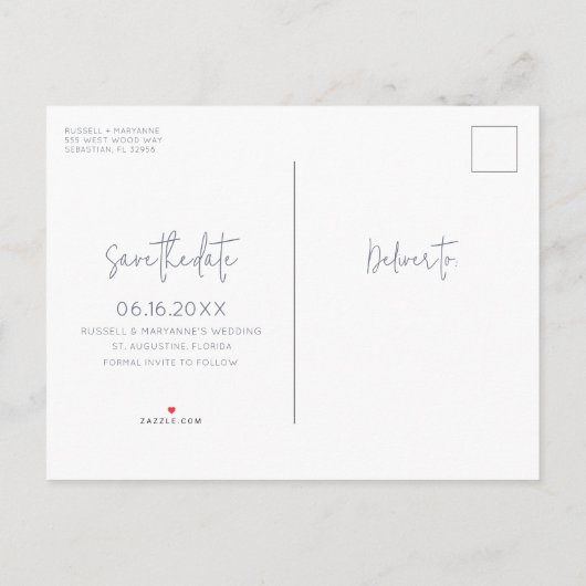 ビーチ結婚式シンプル予算日付の保存 案内ポストカード (裏面)