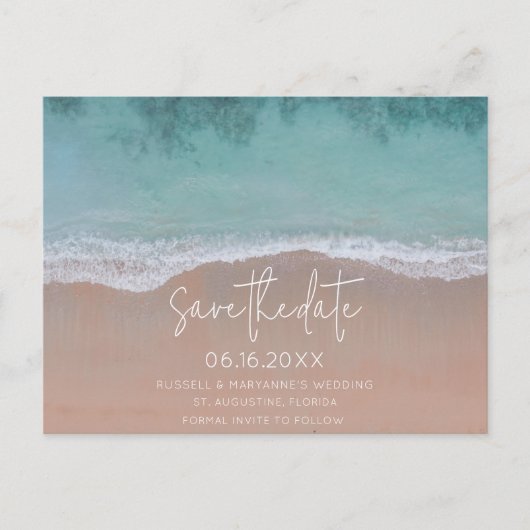 ビーチ結婚式シンプル予算日付の保存 案内ポストカード (正面)
