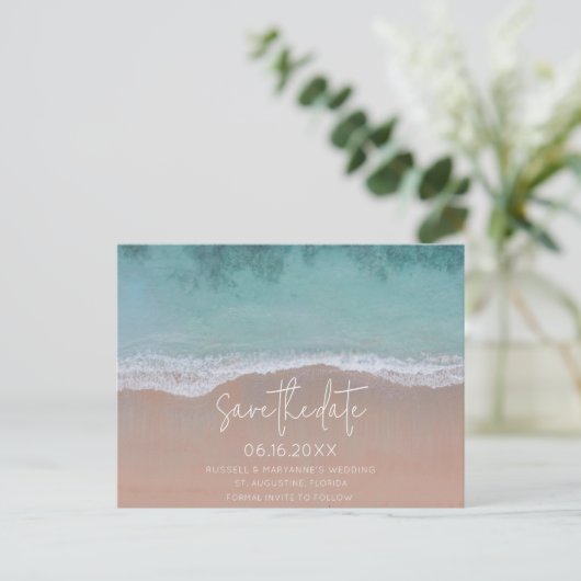 ビーチ結婚式シンプル予算日付の保存 案内ポストカード (スタンド正面)