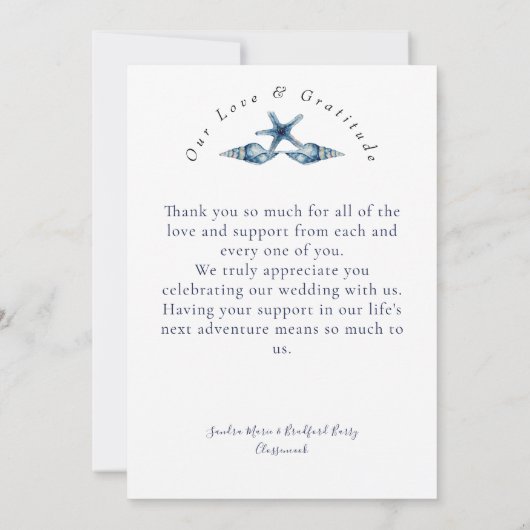 ビーチ結婚式シーシェルとバラ写真ありがとう サンキューカード (裏面)