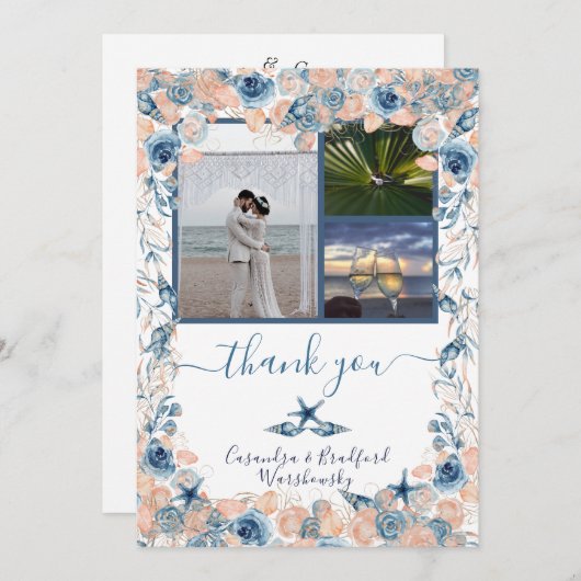 ビーチ結婚式シーシェルとバラ写真ありがとう サンキューカード (正面/裏面)