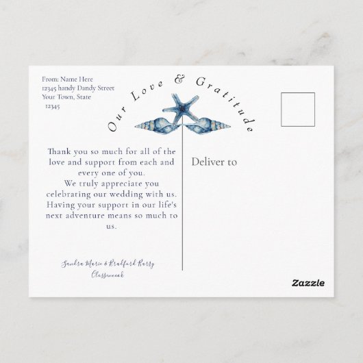 ビーチ結婚式シーシェルとバラ写真ありがとう ポストカード (裏面)