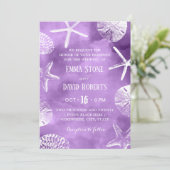 ビーチ結婚式スターフィッシュシーシェルパープルウォーター色 招待状 (スタンド正面)