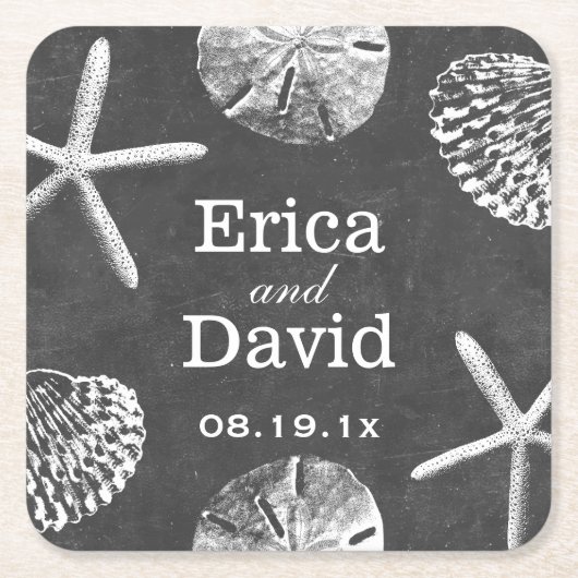 ビーチ結婚式スターフィッシュ&シーシェルズシャルボード スクエアペーパーコースター (正面)