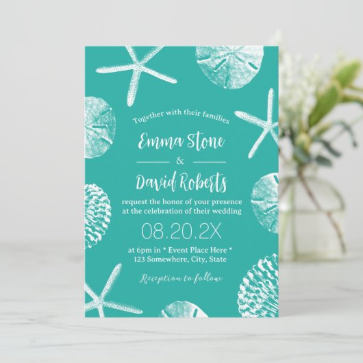 ビーチ結婚式トロピカルシーシェルモダンターコイズ 招待状 (スタンド正面)