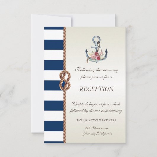 ビーチ結婚式ネイビーロープストライプの披露宴 招待状 (正面)