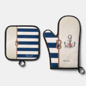 ビーチ結婚式ネイビーロープストライプの披露宴 鍋つかみ&鍋敷きセット (正面)