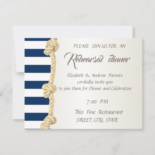 ビーチ結婚式ネイビーロープストライプリハーサルディナー 招待状 (正面)